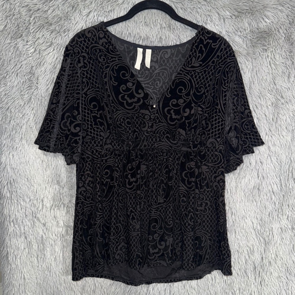Black Velvet Burnout Swirl Pattern V-Neck Flutter Sleeve Blouse Top Lrg Pants Md